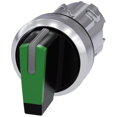 Siemens 22mm rund omskifter i metal med højglans finish og grøn betjeningsknap for 3 positioner.