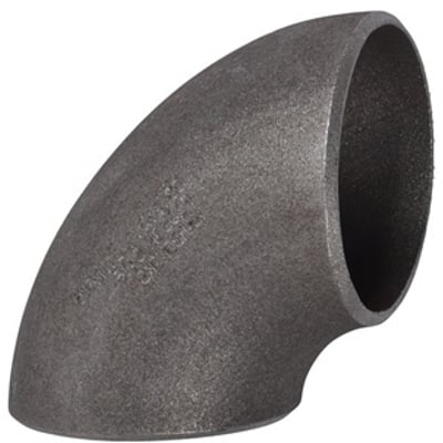 Indura-svejsebøjning 114,3 x 3,6 mm med 90° bøjning og to åbne rørender, set skråt forfra.
