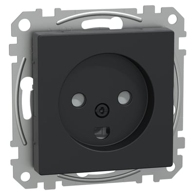 Merten System M stikkontakt i sort med dansk jord og pillesikring, med skrueløse terminaler og metalmonteringsramme.