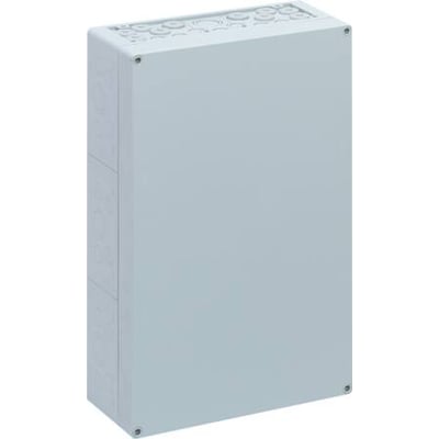 Spelsberg AKL 3-G kasse i lysegrå polystyren, 300 x 450 x 132 mm, med synlige dobbeltmembran-studser på toppen og siden.