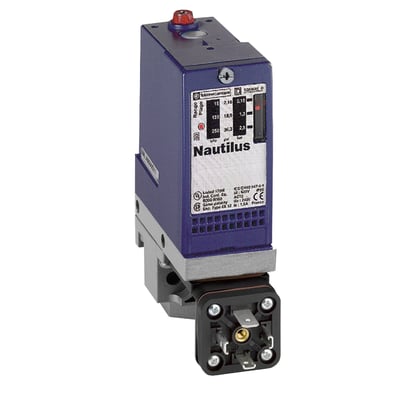 Schneider Electric pressostat XMLA010A2C11 med 0,6-10 bar trykområde og fast skala, vist med 1 tærskel og 1 C/O kontakt.
