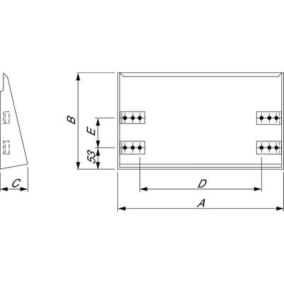 Teknisk tegning af Schneider Electric regntag 500x250 i rustfri 304L med dimensioner A, B, C, D, E og 53 markeret.