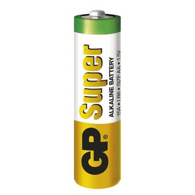 CP Super Alkaline AA batteri med 1,5V spænding og LR6 type, vist med grøn og gul farve på toppen og siden.