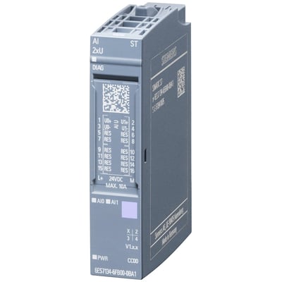 Siemens SIMATIC ET 200SP analog input modul AI 2XU standard med 16bit opløsning, grå plast og tydelig mærkning.