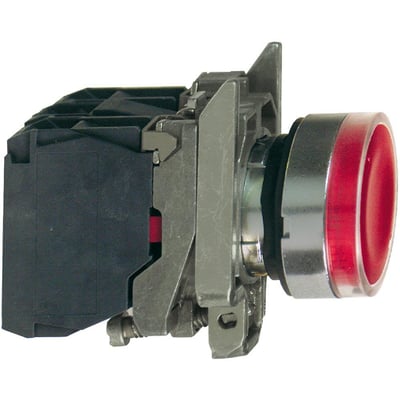 Schneider Electric lampetryk, rød, ø22mm, med 1NO+1NC kontakter og 230V tilslutning set fra siden.