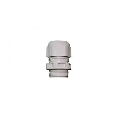 Helstøbt grå polyamid PG21 forskruning, vist fra siden med gevind og spændemuffer.