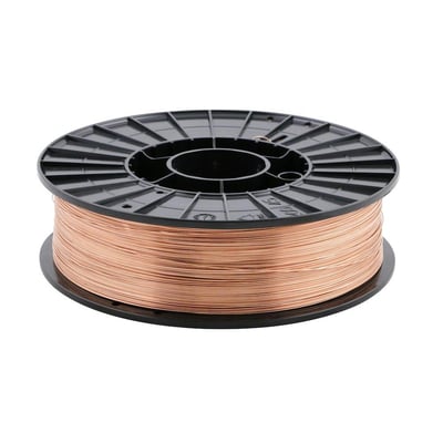 Nærbillede af Esab 5 kg CO2 svejsetråd, 0,8 mm, på en sort plastspole med hvid baggrund.