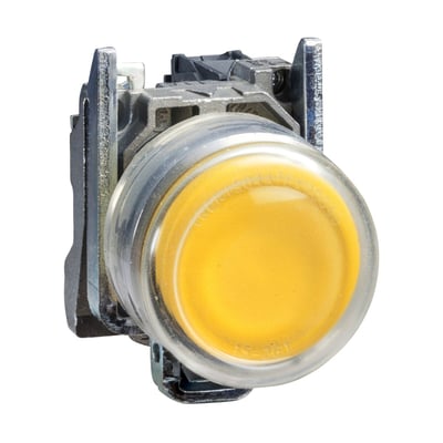 Schneider Electric lampetryk med gul LED, Ø 22 mm metalknap og ATEX-godkendelse, vist fra siden.