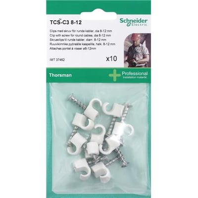 Schneider Electric Thorsman skrueclips TCS-C3 til runde kabler 8-12 mm i hvid, 10 stk. pakke med monteringsdetaljer tydeligt synlige.