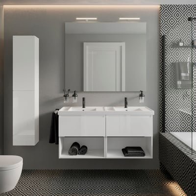 Cosmic 120 cm hvid højglans underskab med Teckstone vask monteret på en væg i et stilfuldt badeværelse med tilhørende højskab.