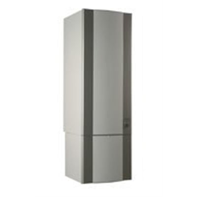 Metro Therm 300L varmtvandsbeholder set fra siden, fremviser dens kompakte design og detaljer i mørkegrå og hvid.