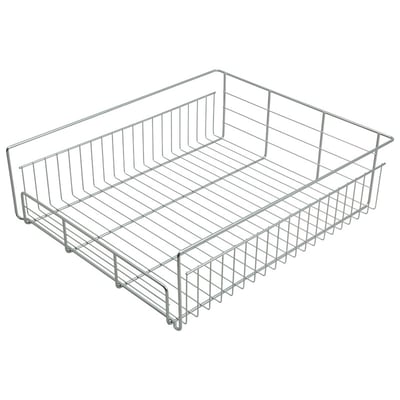 Sølvfarvet mat trådkurv i stål til garderobeskab, M60, med 16mm afstandsstykker og udtræksskinne.