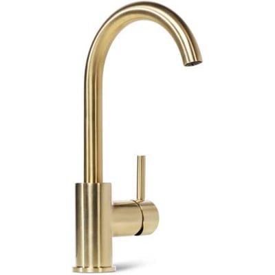 Eksklusivt håndvaskarmatur i børstet guld med elegant C-formet tud og praktisk greb, stående på en hvid baggrund.