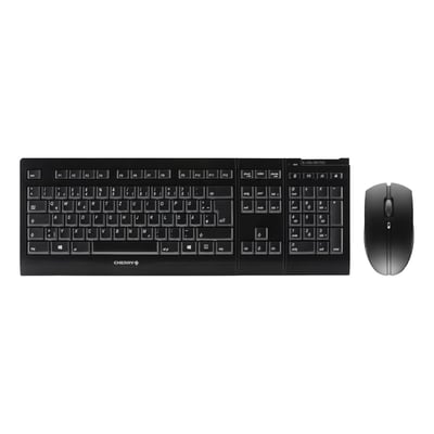 Sort CHERRY B.UNLIMITED 3.0 trådløst tastatur- og musesæt med Pan-Nordic layout, vist ovenfra.