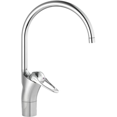 FMM 9000E II køkkenarmatur i blank krom med høj, buet C-svingtud og ergonomisk håndtag.