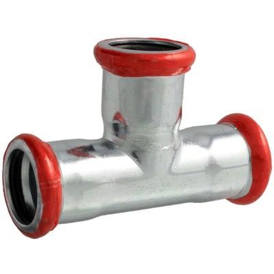 Unico forzinket T-stykke med 3 presmuffer til 28mm rør på hvid baggrund, med EPDM O-ring.