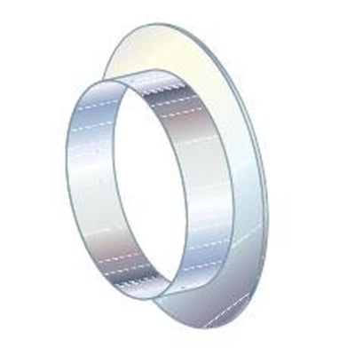 Metalbestos murbøsning til 230 mm skorsten med bred, rund flange i blankt metal, set skråt forfra.