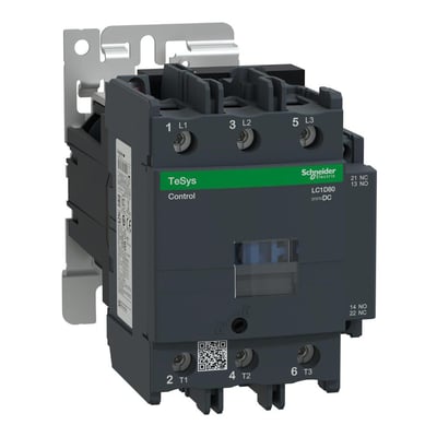 Schneider Electric TeSys D kontaktor LC1D80BD 80A 24V DC med 1NO+1NC kontakter, tydeligt mærket med L1, L2, L3 og T1, T2, T3 terminaler.