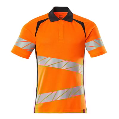 Mascot Hi-Vis poloshirt i orange og mørk marine med skrå, tværgående reflekser, størrelse 4XL.