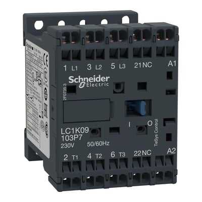Schneider Electric TeSys K kontaktor 9A, 3P+1NC, 230VAC, model LC1K09103P7, vist fra front med tydelige terminaler og mærkninger.