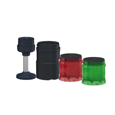 Schneider Electric XVU lystårnskit med Ø60 mm komponenter: fod, sort tårnsektion, rød og grøn LED-modul på hvid baggrund.