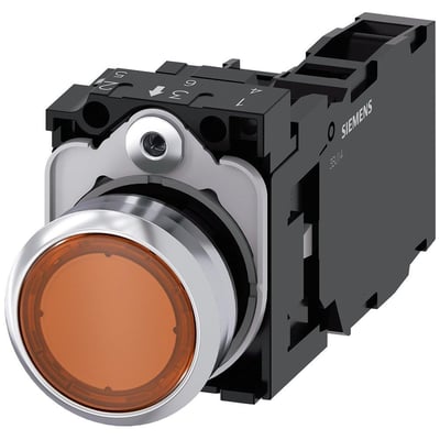 Siemens 22mm oplyst trykknap i højglans metal, med rund orange betjeningsflade og tydelig mærkning.