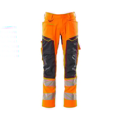 Mascot Hi-Vis orange/mørk marine bukser med knælommer i størrelse 90C54, med reflekser og elastisk materiale.
