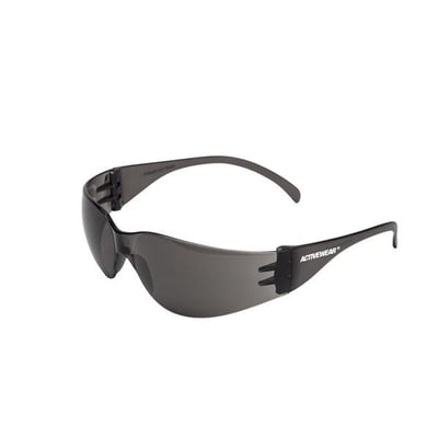 Activewear Mission 4020 sikkerhedsbrille med kantløs, grå linse og mørke brillestænger, set skråt forfra.