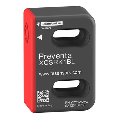 Telemecanique Sensors Preventa XCSRK1BL RFID-sikkerhedsaktuator i sort og rød, set skråt forfra med to monteringsåbninger.
