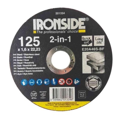 Ironside 2-in-1 skæreskive til stål og rustfrit stål, vist forfra med sort skive og centralt hul.
