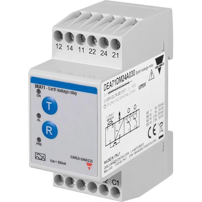 Carlo Gavazzi jordfejlsrelæ på 300 mA, Type A, med blå testknapper og synlige tilslutningsklemmer.