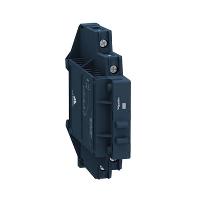 Schneider Electric Zelio SSM solid state relæ i mørkeblå plast med mærkater og skrueterminaler, designet til 12A, 24VAC og 1 pol.