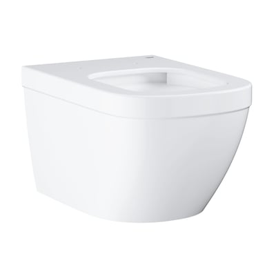 Et hvidt, væghængt Grohe Euro keramik toilet uden skyllekant set fra venstre side på en hvid baggrund.