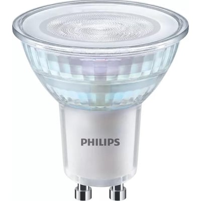 Nærbillede af en Philips Master LEDspot Value GU10 pære, der viser den klare glaslinse og GU10 fatning.