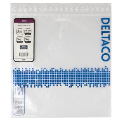 Deltaco High-Speed Flex HDMI kabel på 5 meter i original emballage med 4K UHD opløsning og friktionslås.