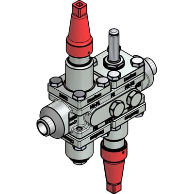 Danfoss ICF 20-4-9 ventilstation med svejsetilslutning og stålhus med Zn (TLP) overflade, vist med røde beskyttelseshætter.