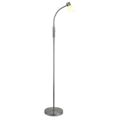 Halo Design Hudson gulvlampe i børstet stål med opal glaskuppel og fleksarm, isoleret på hvid baggrund.