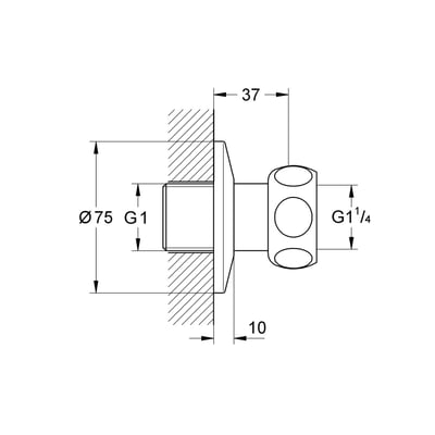 Teknisk tegning af Grohe tilgangsforskruning med dimensioner G1 og G1 1/4, vist monteret i væg.