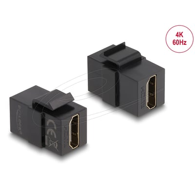 Sort DeLock-keystone-modul med HDMI-hunstik i begge ender, vist fra to vinkler med 4K/60 Hz-markering.