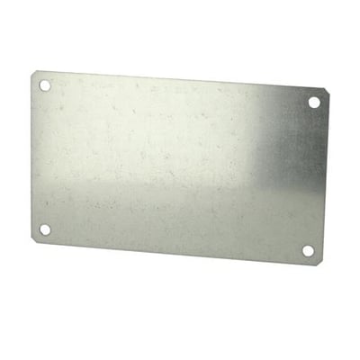 Fibox montageplade i forzinket stål, 250x150x1,5 mm, med fire forborede monteringshuller i hjørnerne.