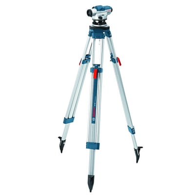 Bosch BT 160 Professional aluminiumstativ med monteret måleværktøj, viser 5/8" gevind og 4,1 kg vægt.