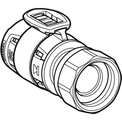 Tegning af Geberit FlowFit overgang med omløber, 20 mm x 1/2", der viser omløber og samling.