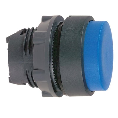 Schneider Electric ZB5 trykknaphoved i blå med ophøjet trykflade og 22mm diameter, set fra siden mod hvid baggrund.