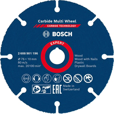 Detaljeret billede af Bosch Expert Carbide Multi Wheel skæreskive, der viser sikkerhedssymboler og 'Made in Switzerland'.