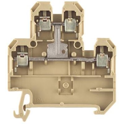 Weidmüller Dobbeltklemme DK Q/35, 1-polet, beige, med 4mm² skrueterminal til TS 35 DIN skinne, vist forfra.