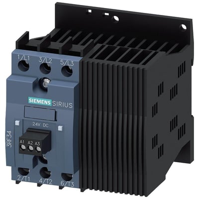 Siemens 3RF3 solid-state kontaktor med 7.4A, 48-480V, og 230V styrespænding på hvid baggrund.