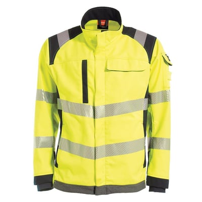 Tranemo Workwear Softshell 5145 95 jakke i størrelse XL, flammehæmmende gul/marine med påvarmede reflekser.