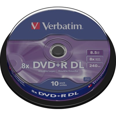 Verbatim DVD+R DL-medie med lilla og blå mærkat, 8x skrivehastighed, 8,5 GB kapacitet og 240 minutters optagetid.