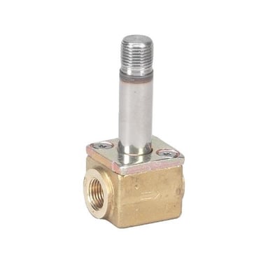 Set fra siden: Danfoss EV210A magnetventil, viser messinghuset og den centrale spolehus detaljeret.