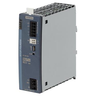 Siemens SITOP PSU6200 24V/10A strømforsyning med diagnostikinterface, vist fra siden på en hvid baggrund.